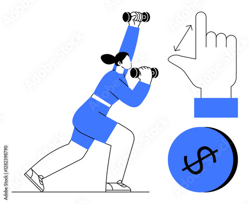 Woman holds dumbbells, performing a lunge a hand gesture with arrows shows movement a dollar sign in a circle represents money. Ideal for fitness, health, exercise, movement, finance, economics