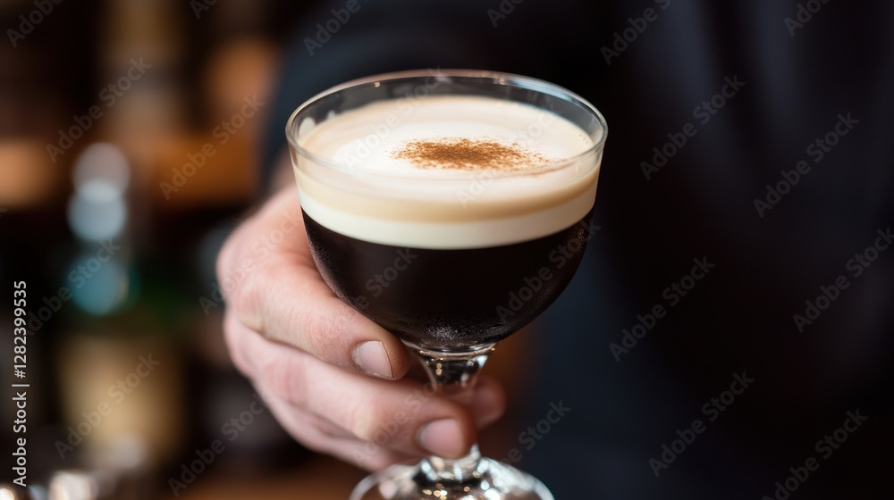 Bartender presenting a layered coffee cocktail at a bar Bartender presenting a layered coffee cocktail at a bar