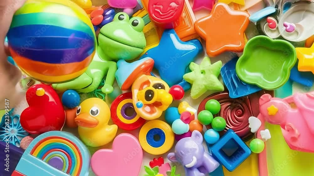 A vibrant, colorful collection of assorted children's toys is arranged in a seemingly random pile
