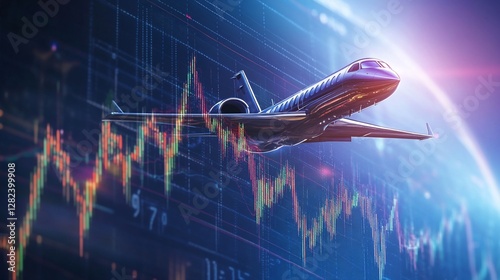 Private jet soaring over stock market data with futuristic digital display and light