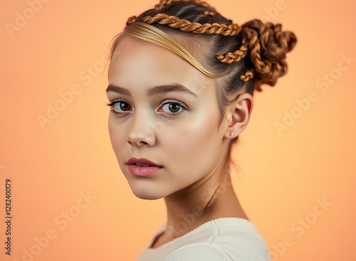 an image of a woman with a braided bun in her hair, there is a woman with a braided bun with a pink background photo