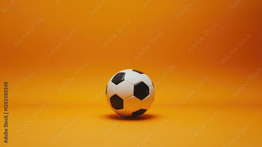 Naklejka premium Realistic soccer ball mockup, placed centrally on a solid orange background, professional sports photography.