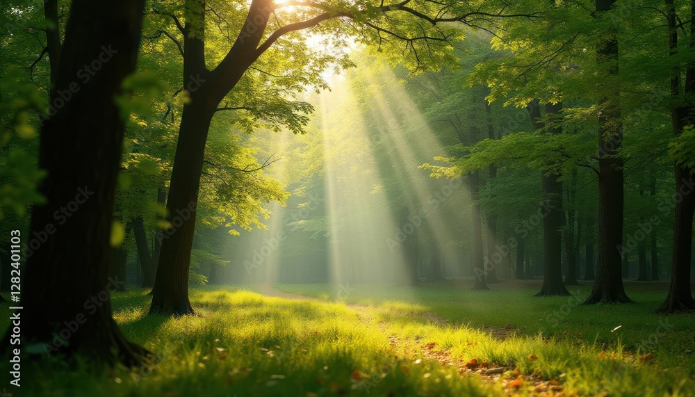 Fototapeta premium Sunbeams Illuminating a Serene Forest Path