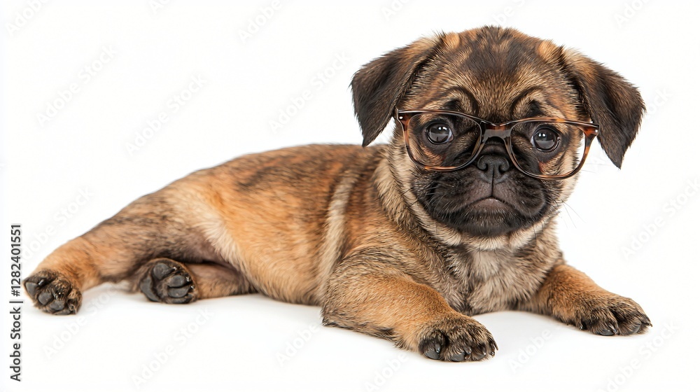Obraz premium Adorable pug puppy wearing glasses, lying down on white background, perfect for pet-related content