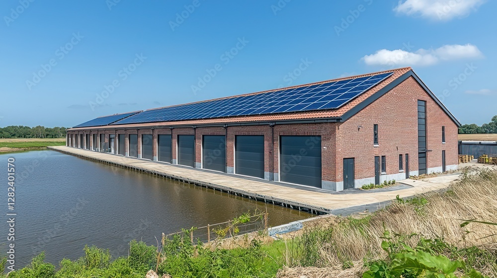 Barn with solar panels next to water, field background, sustainable farming, energy Barn with solar panels next to water, field background, sustainable farming, energy