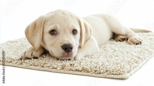 Adorable yellow lab puppy resting on rug