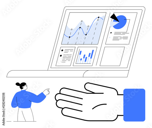 Computer screen displaying charts, graphs, and statistical data. Person in blue points to the screen beside a large hand gesture. Ideal for business, data analysis, presentations, teamwork