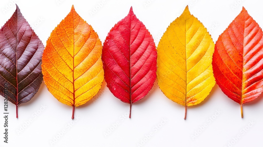 Fototapeta premium Autumn leaves color change row white background seasonal design