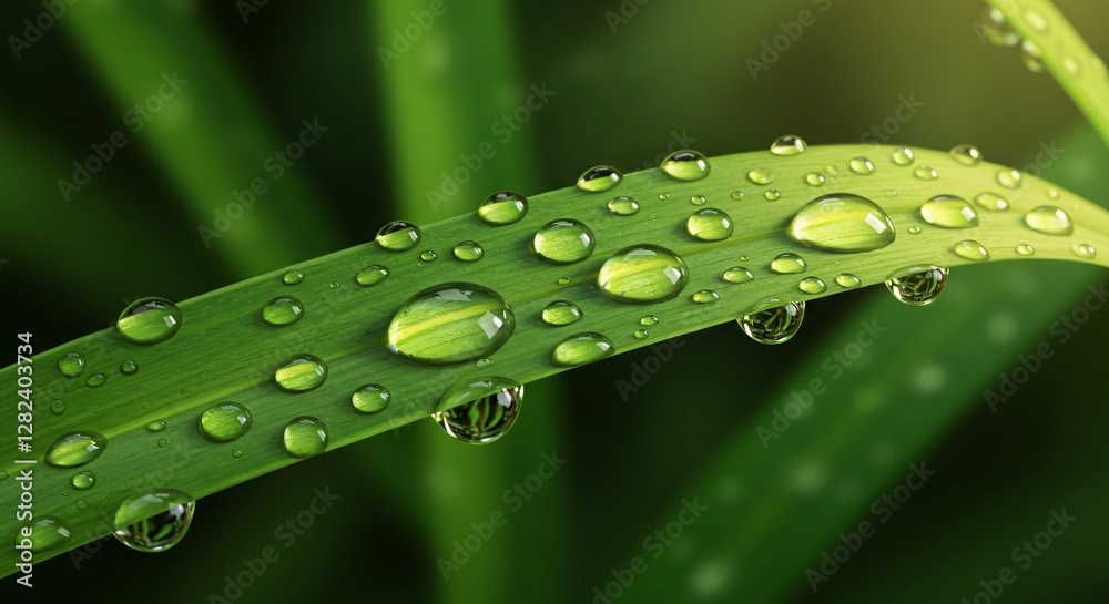 Realistic close-up of dewdrops on fresh green leaves in morning sunlight Realistic close-up of dewdrops on fresh green leaves in morning sunlight