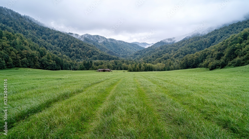 Fototapeta premium Misty Mountain Valley Meadow, Tranquil Scenery, Rural Landscape, Peaceful