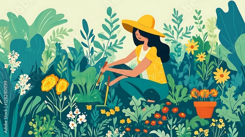 Woman Tending Vibrant Garden Wearing Yellow Hat