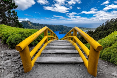 Mountain landscape with hiking trail and view of beautiful lakes, Ponta Delgada, Sao Miguel Island, Azores, Portugal
