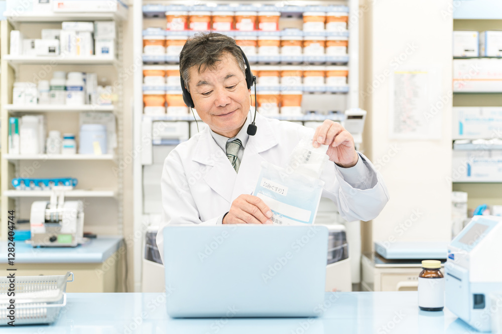 病院・薬局でパソコンを使ってオンライン服薬指導・診療する薬剤師・調剤師の男性(処方箋・医師)
病院・薬局でパソコンを使ってオンライン服薬指導・診療する薬剤師・調剤師の男性(処方箋・医師)