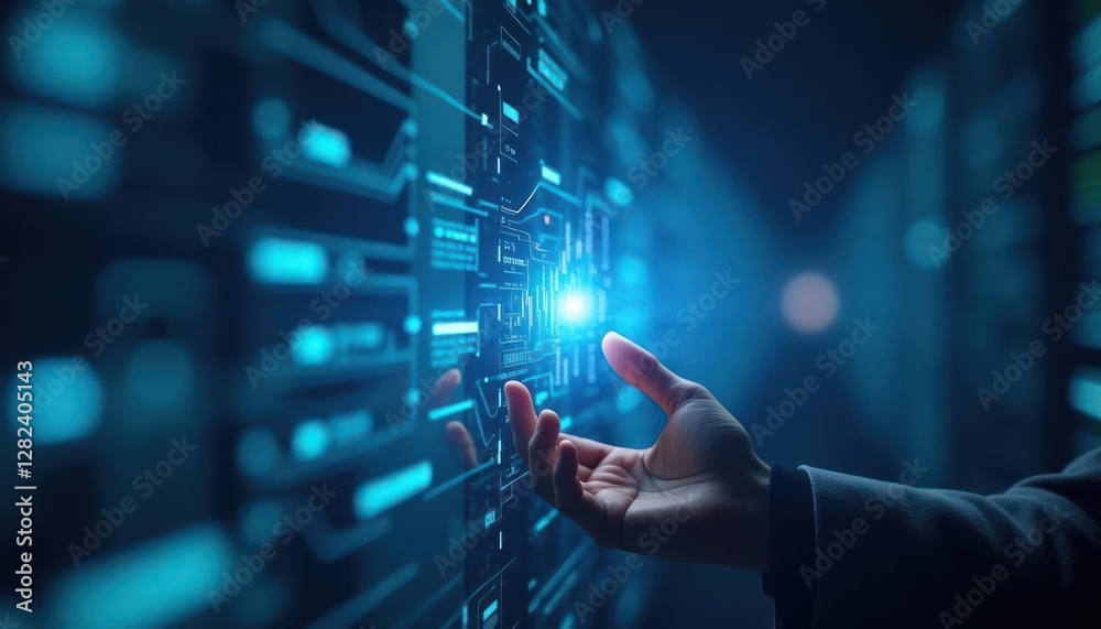 Digital Innovation:  A Hand Interacting with Futuristic Interface Technology