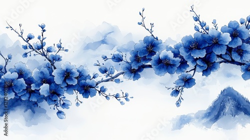 Blue blossom branches, misty mountains, serene Asian art, home decor