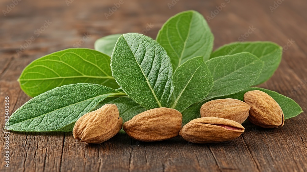 Almonds and leaves on rustic wood table, healthy snack Almonds and leaves on rustic wood table, healthy snack