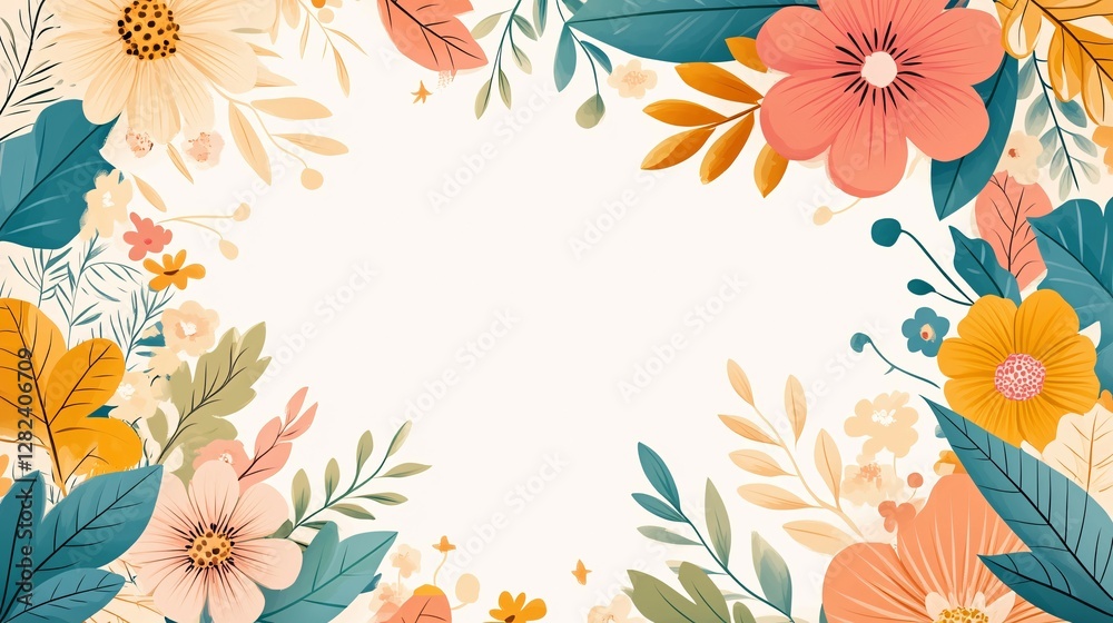 Obraz premium Beautiful colorful flowers and foliage arranged around white space