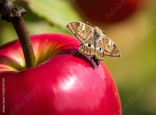 an image of a butterfly sitting on top of a red apple, there is a butterfly sitting on top of a red apple photo