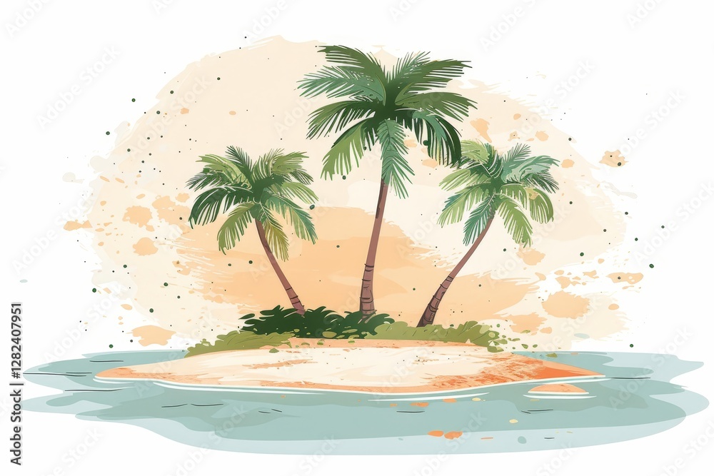 Obraz premium A tranquil tropical island features several palm trees surrounded by calm water. This minimalistic illustration offers ample space for text inviting creativity and relaxation.