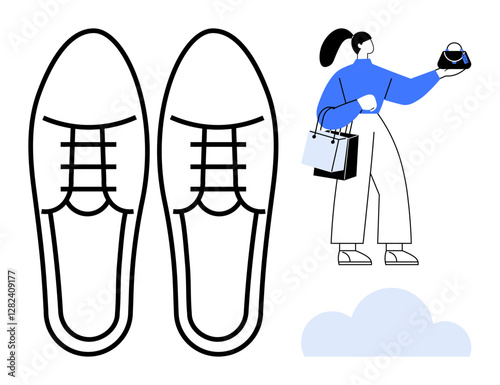 Woman holding bags and handbag standing near large outline of shoes with cloud below. Ideal for fashion, shopping, consumer behavior, retail, lifestyle, modern trends, brand awareness. Abstract line