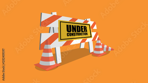 Under construction sign with traffic cones. Warning symbol. Construction site alert. Vector illustration