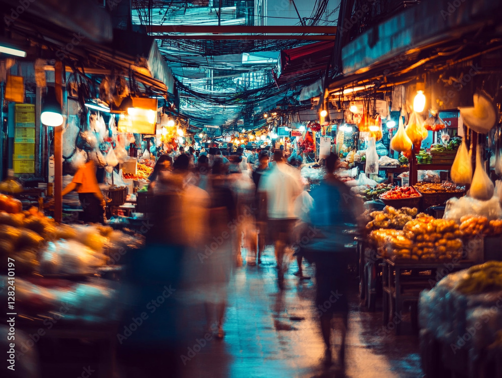 custom made wallpaper toronto digitalA bustling market scene with blurred motion of people walking, showcasing a variety of fruits and vegetables under hanging lights and awnings on a rainy day.
