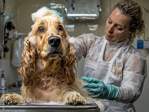 Cocker Spaniel enjoys a relaxing bath at the pet grooming salon on a sunny afternoon