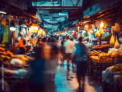 Wallpaper Mural A bustling market scene with blurred motion of people walking, showcasing a variety of fruits and vegetables under hanging lights and awnings on a rainy day. Torontodigital.ca