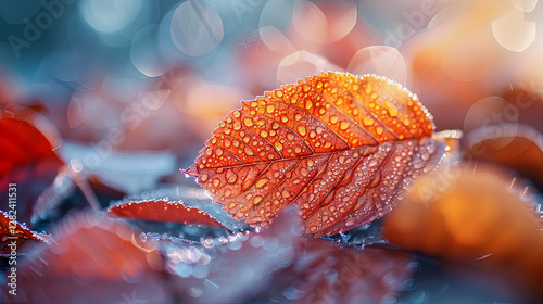 Close-Up of Fallen Autumn Leaves with Morning Dew