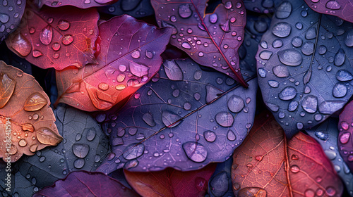 Close-Up of Fallen Autumn Leaves with Morning Dew
