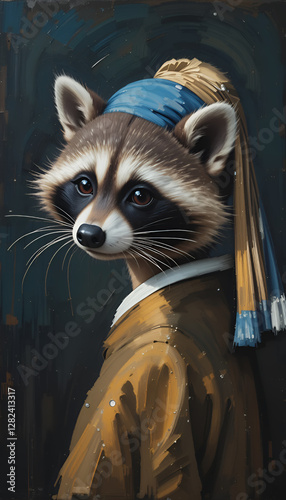 Ai generative oil painting Portrait of a cute Raccoon , vermeer style of the artwork 
