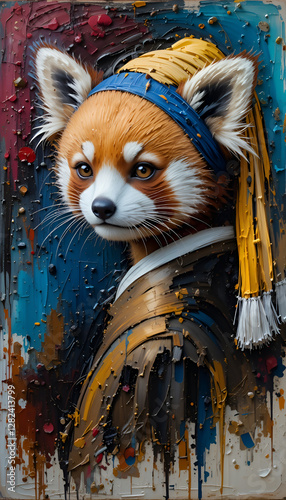 Ai generative oil painting Portrait of a cute Red panda, vermeer style of the artwork 