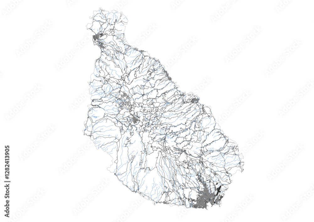 vector map of highway, buildings and waterway in santiago island, cape verde with black and white theme colors