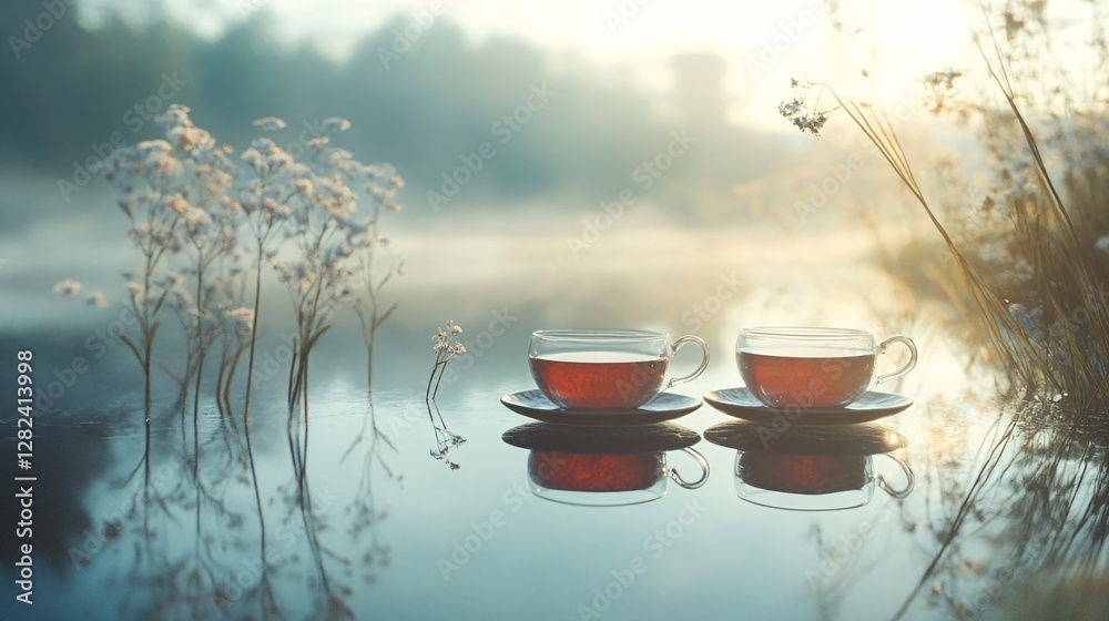 Two cups of tea reflecting on misty lake at sunrise with flowers