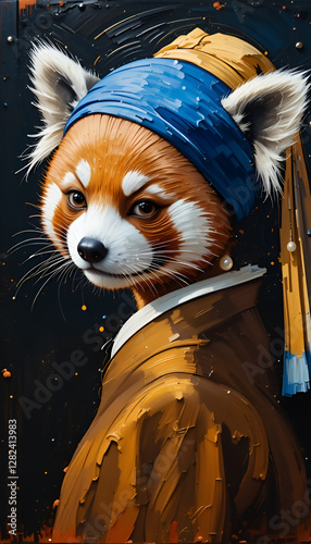 Ai generative oil painting Portrait of a cute Red panda, vermeer style of the artwork 