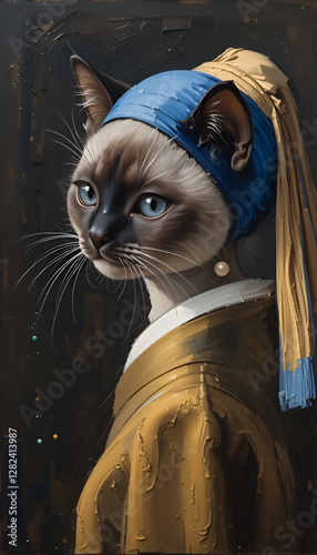 Ai generative oil painting Portrait of a cute Siamese cat , vermeer style of the artwork 