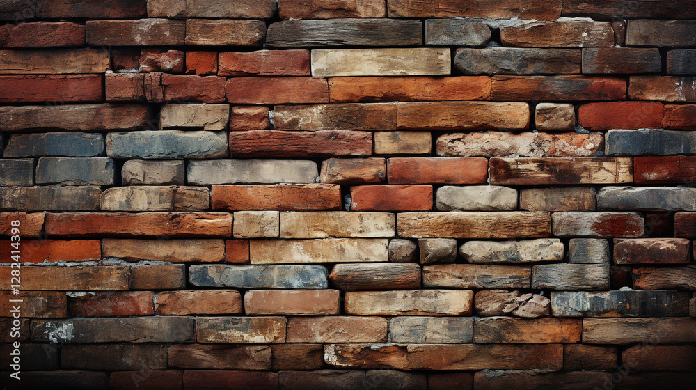 Obraz premium A weathered brick wall with varying shades of red, orange, and brown bricks, some of which are damaged or have peeling paint, creating a rustic and aged appearance.