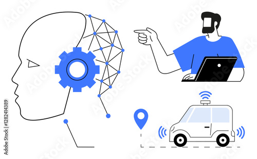 Human head with interconnected neural network and gear, man using laptop, self-driving car with location pin. Ideal for AI technology, innovation, human-machine interaction, smart devices