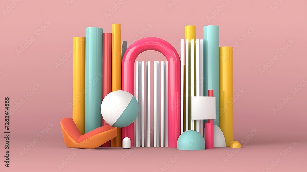 Obraz premium Abstract Composition of Colorful Geometric Shapes and Cylinders on Pink Background