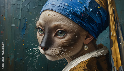Ai generative oil painting Portrait of a cute Siamese cat , vermeer style of the artwork 