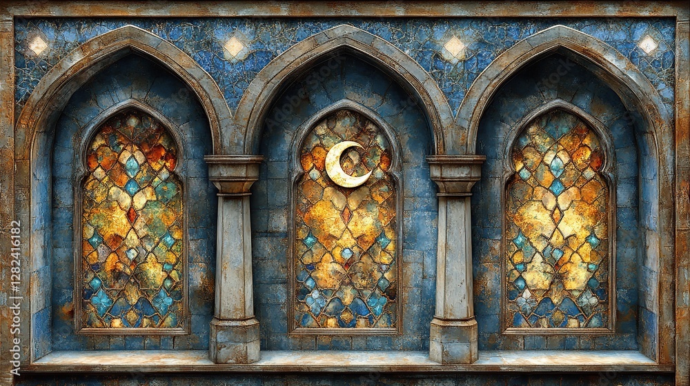 Obraz premium Crescent moon above stained glass windows in ornate Moorish archways