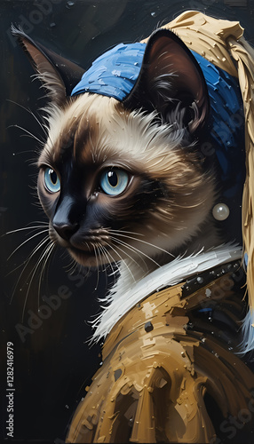 Ai generative oil painting Portrait of a cute Siamese cat , vermeer style of the artwork 