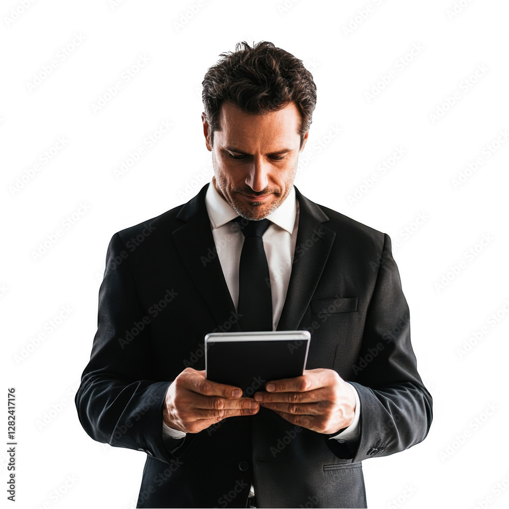 Professional man in suit using tablet with serious expression Professional man in suit using tablet with serious expression