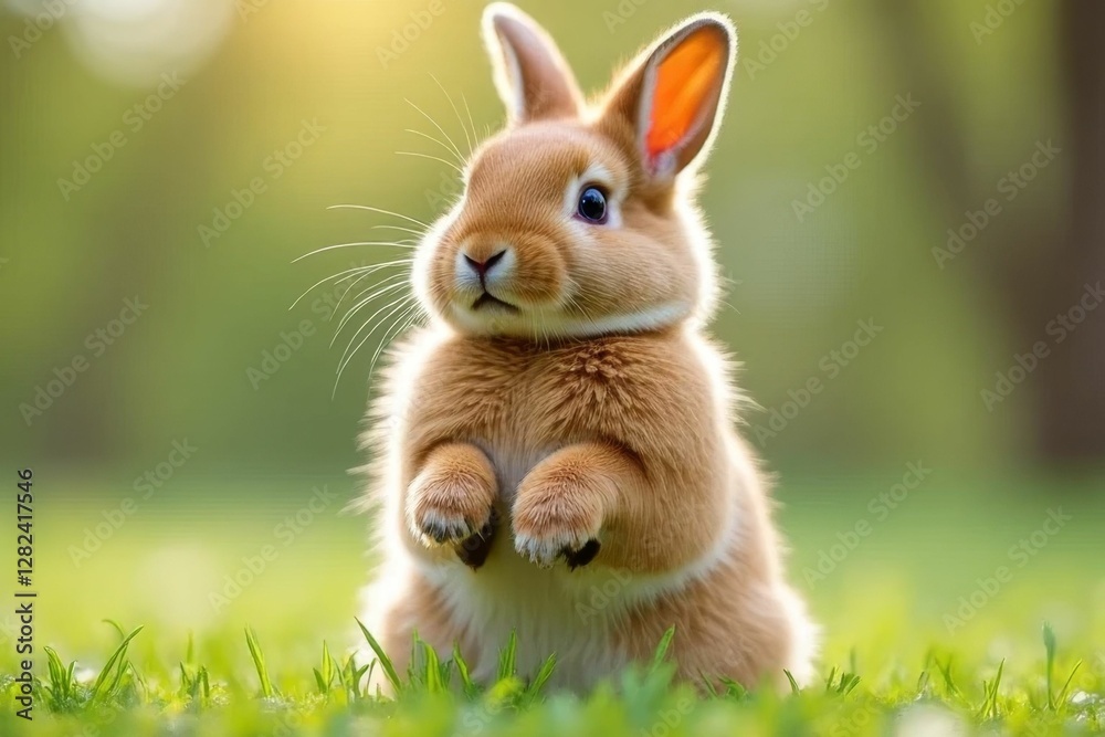Fototapeta premium Cute baby rabbit sitting on green grass in morning sunlight, showcasing adorable features and fluffy fur in a serene environment