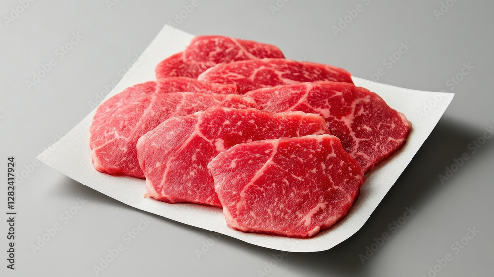Freshly Cut Raw Beef Slices on White Plate for Culinary Use Freshly Cut Raw Beef Slices on White Plate for Culinary Use