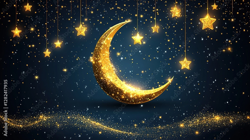 Fototapeta premium Golden crescent moon, stars on dark blue, glitter background, festive greeting