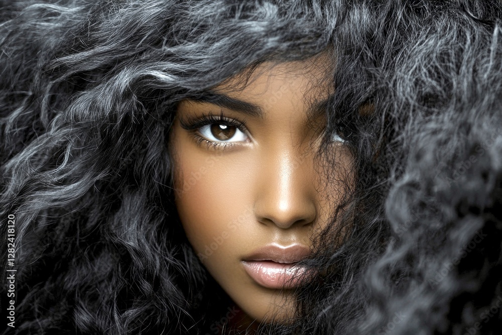 Gorgeous calm black girl - for ads, flyer and social media networks use. Long coiffure - curly hair. Commercial ad graphic concept art. Black advertising with style. Black model elegance. Gorgeous calm black girl - for ads, flyer and social media networks use. Long coiffure - curly hair. Commercial ad graphic concept art. Black advertising with style. Black model elegance.