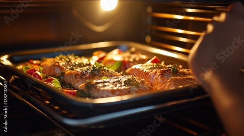 Baked Salmon Tray in Oven, Hand Reaching In, Kitchen Interior photo