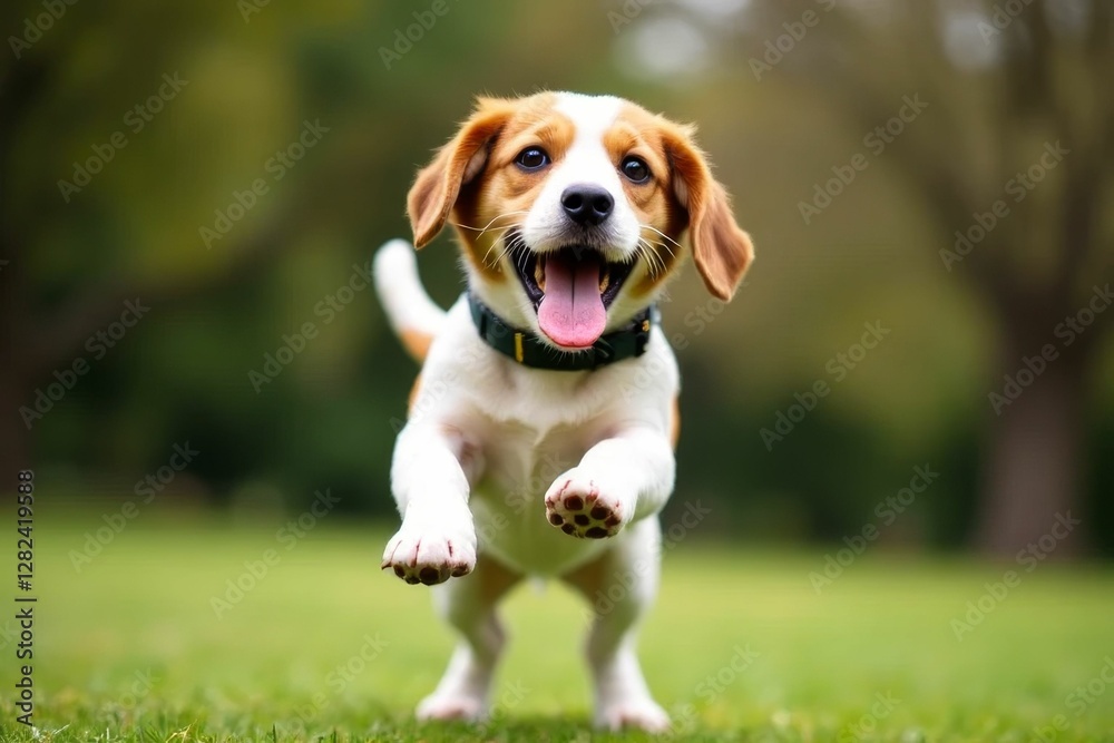 Happy Beagle Puppy Running Playfully in Green Park During Sunny Day with Joyful Expression and Fluffy Fur Happy Beagle Puppy Running Playfully in Green Park During Sunny Day with Joyful Expression and Fluffy Fur