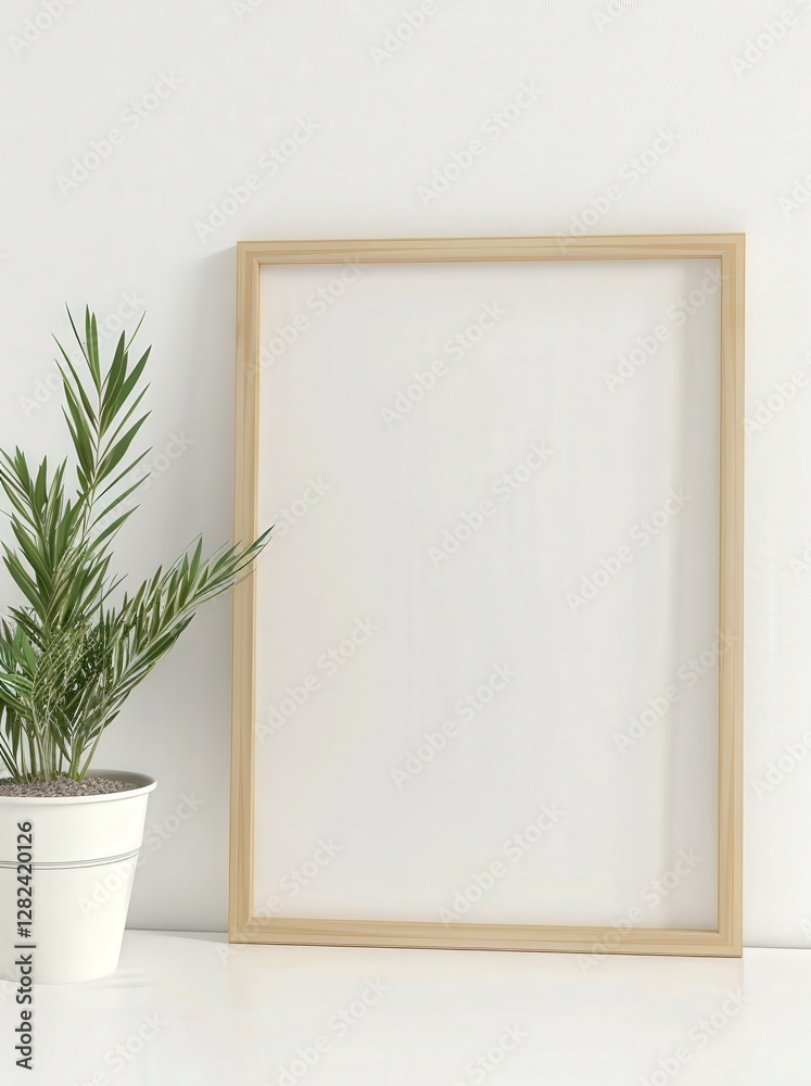 A wooden frame stands against a white wall with a small green plant to the left A wooden frame stands against a white wall with a small green plant to the left